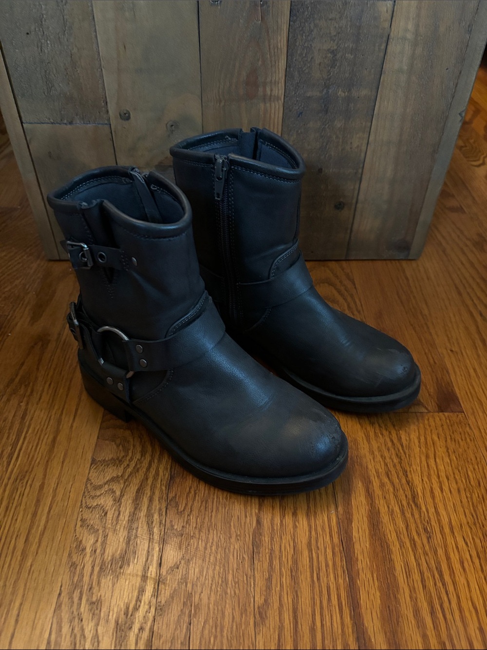 Kids Grey Leather Harness Ankle Boots